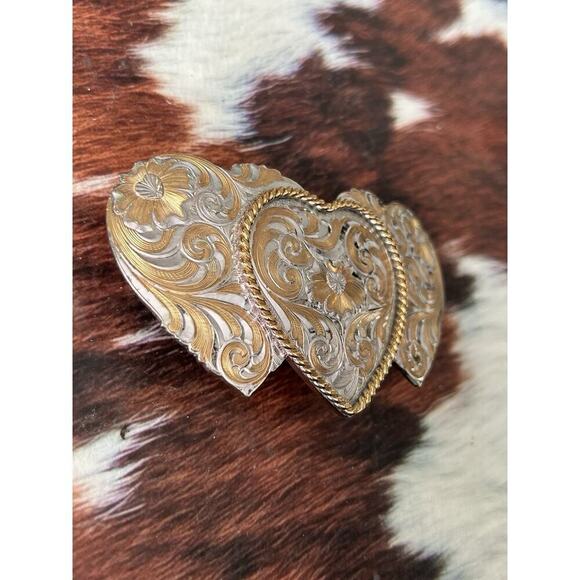 Vintage Triple Heart Sterling Silver Plate Montana Silversmiths Belt Buckle